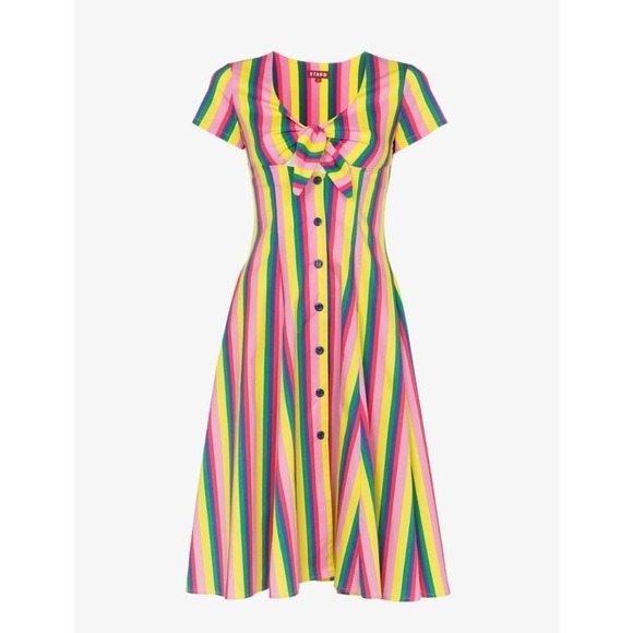 STAUD Alice Pink Colorful Rainbow Striped Poplin V-Neck Tie-Front Dress Sz 2 - Picture 14 of 14